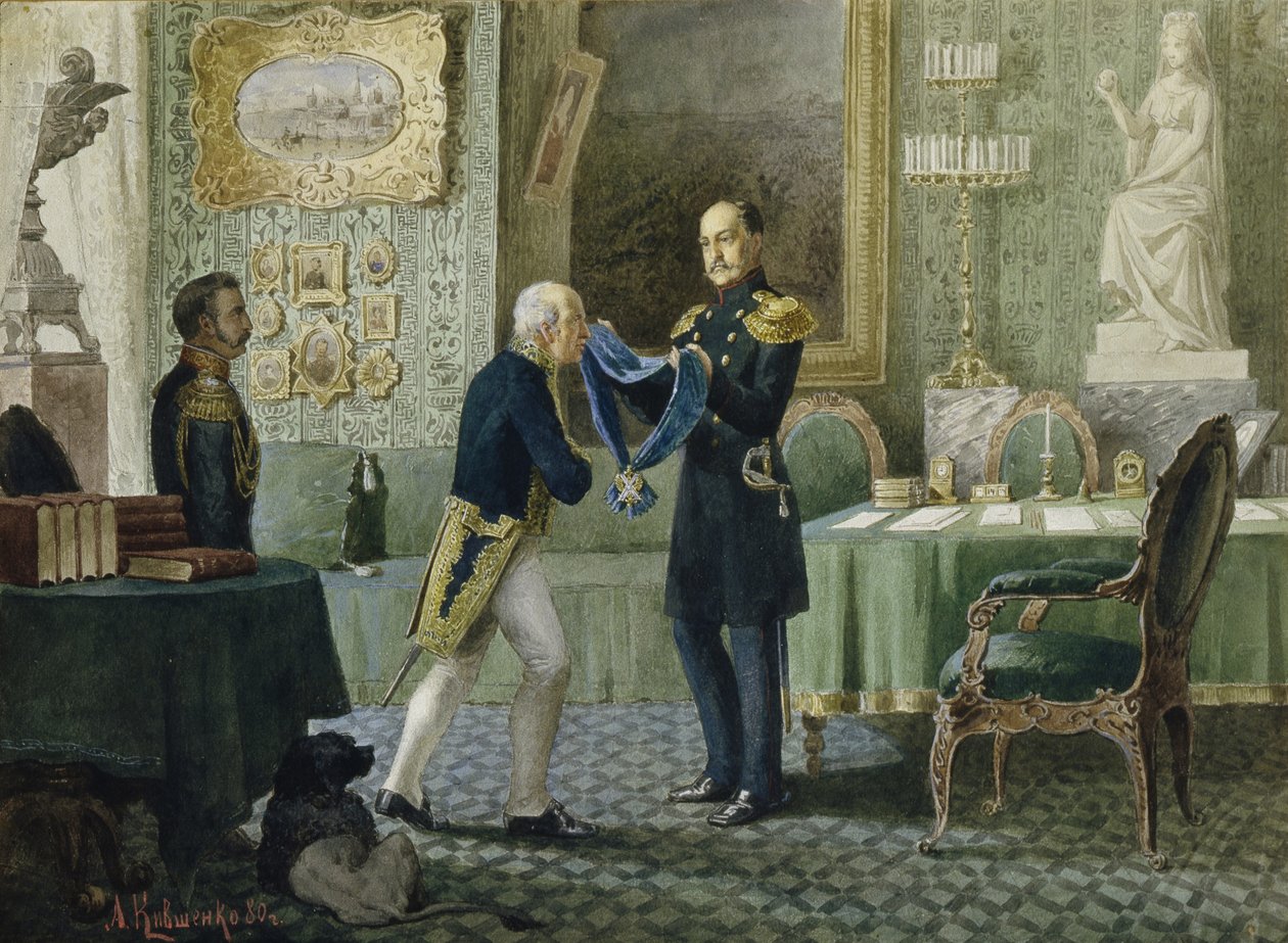 Emperor Nicholas I Awards the Blue Riband of the Order of St. Andrew to Count Michail Speransky, 1880 by Aleksei Danilovich Kivshenko