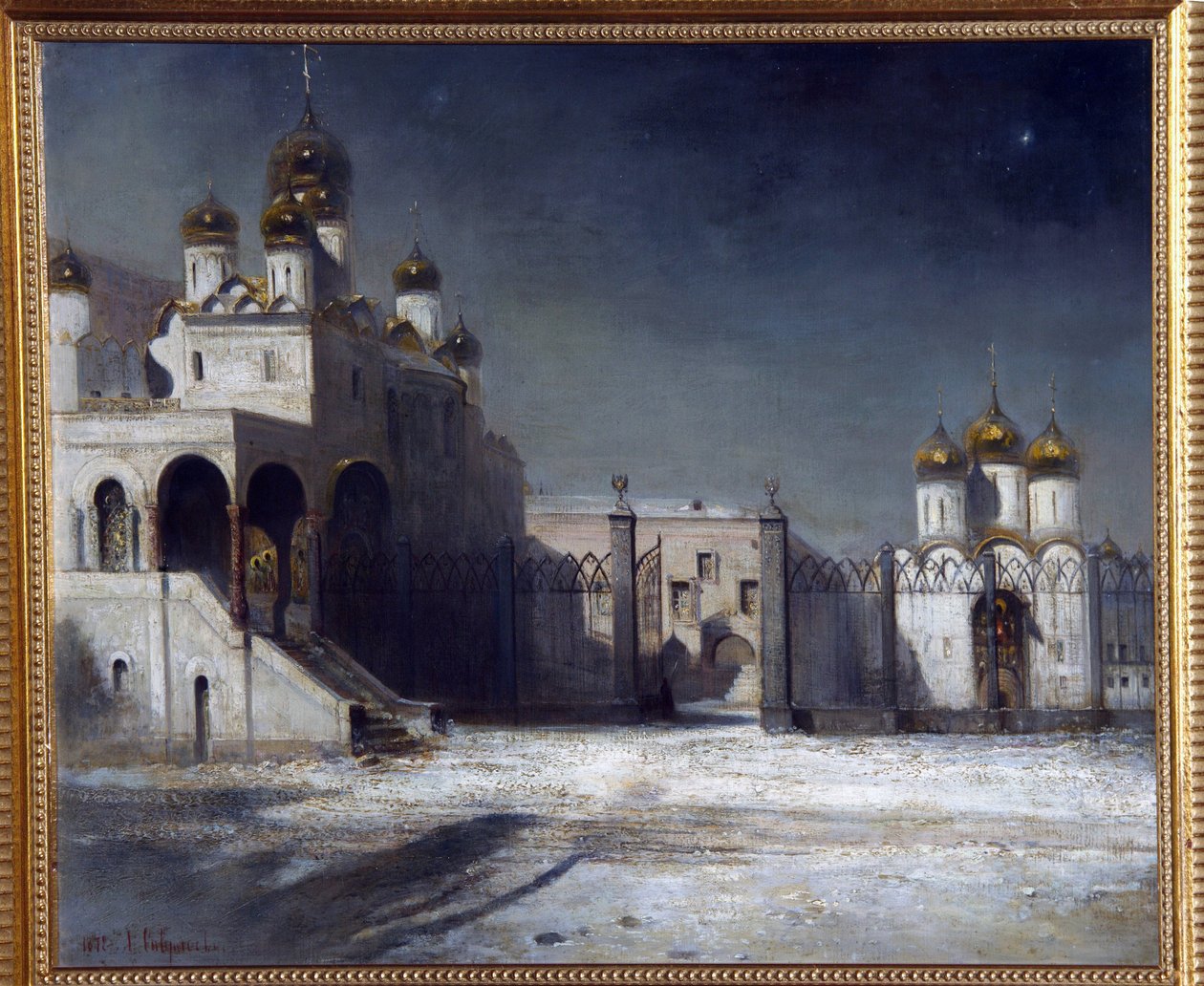 The Cathedral Square in The Moscow Kremlin at Night by Alexei Kondratjewitsch Sawrassow