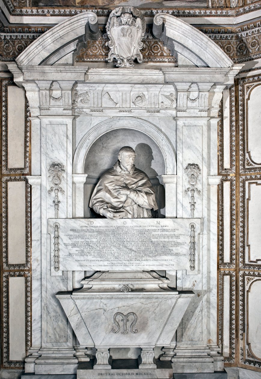 Funeral monument in tribute to Cardinal Giovanni Garcia Mellini with portrait in bust Marble sculpture by Alesssandro Algardi (1598-1654) 1630 around Rome Basilica di Santa Maria del Popolo, Cappella Mellini by Alessandro Algardi