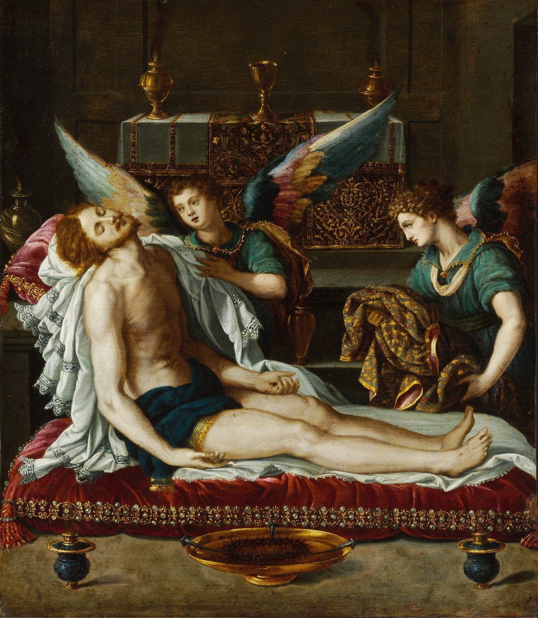 The Body of Christ Anointed by Two Angels by Alessandro Allori