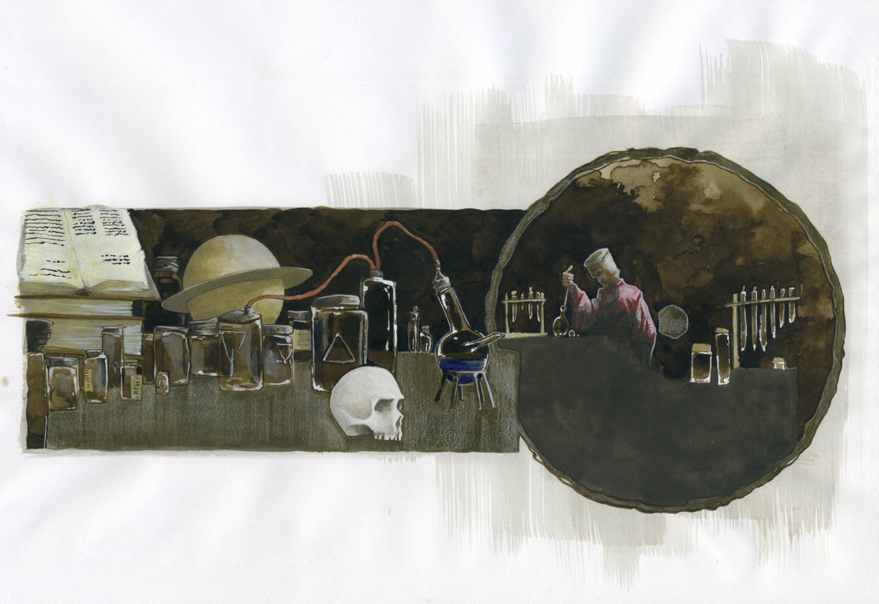 Alchemist in His Laboratory Surrounded by Vials and Stills by Alessandro Lonati