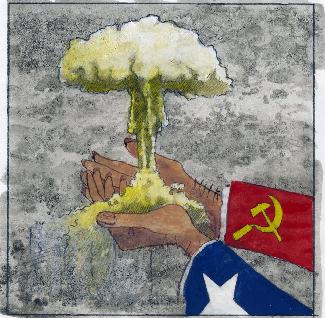 Allegorical representation of the Cold War as American and Soviet hands holding the atomic cloud by Alessandro Lonati