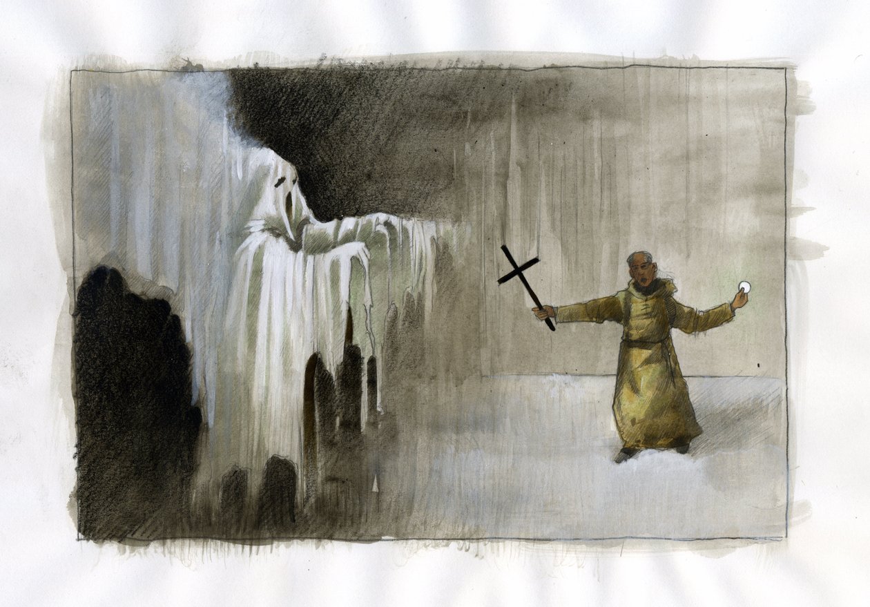 Fight between a monk holding a crucifix and a ghost by Alessandro Lonati