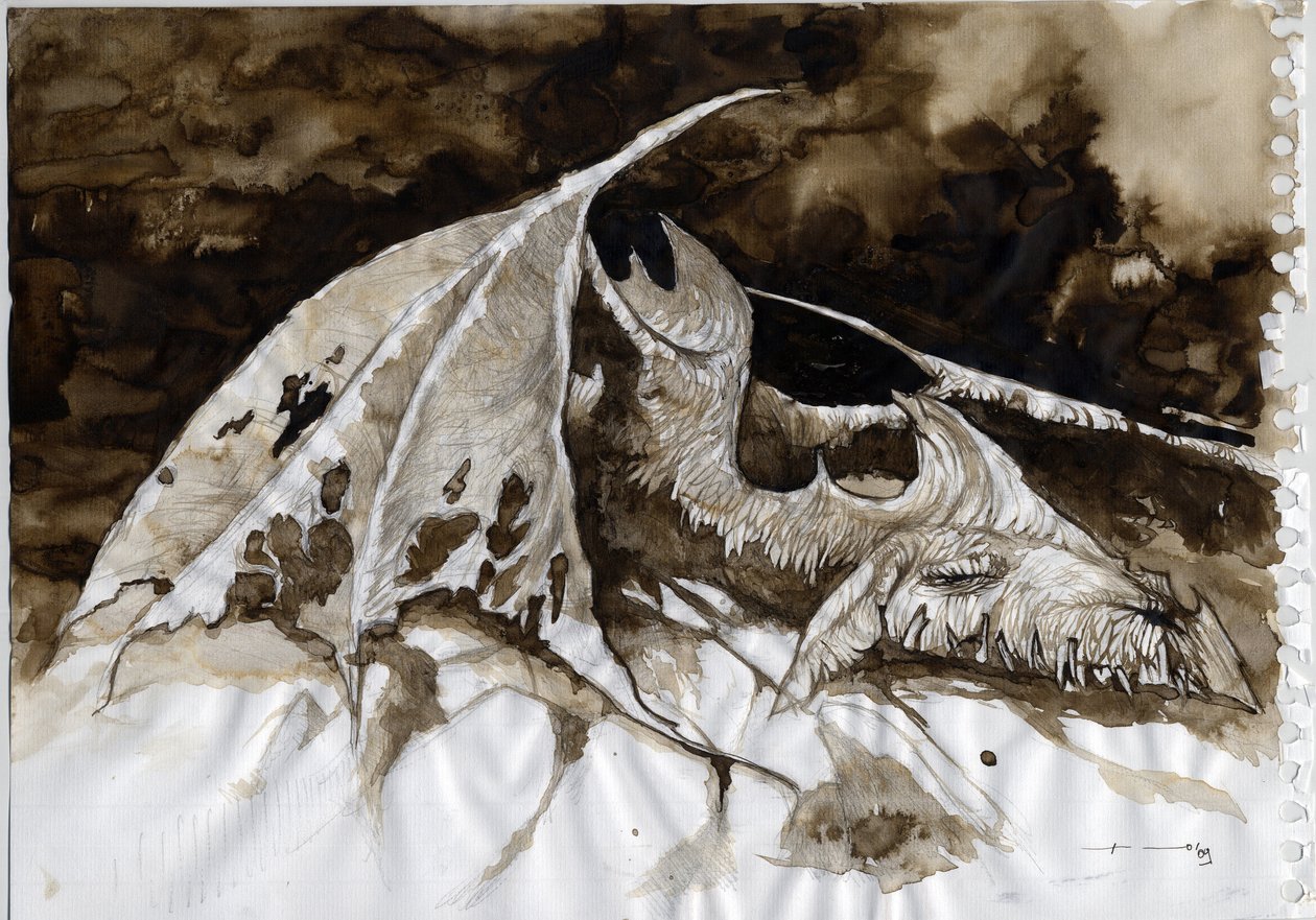 Illustration of a fantastic and legendary animal: dead dragon carcass by Alessandro Lonati