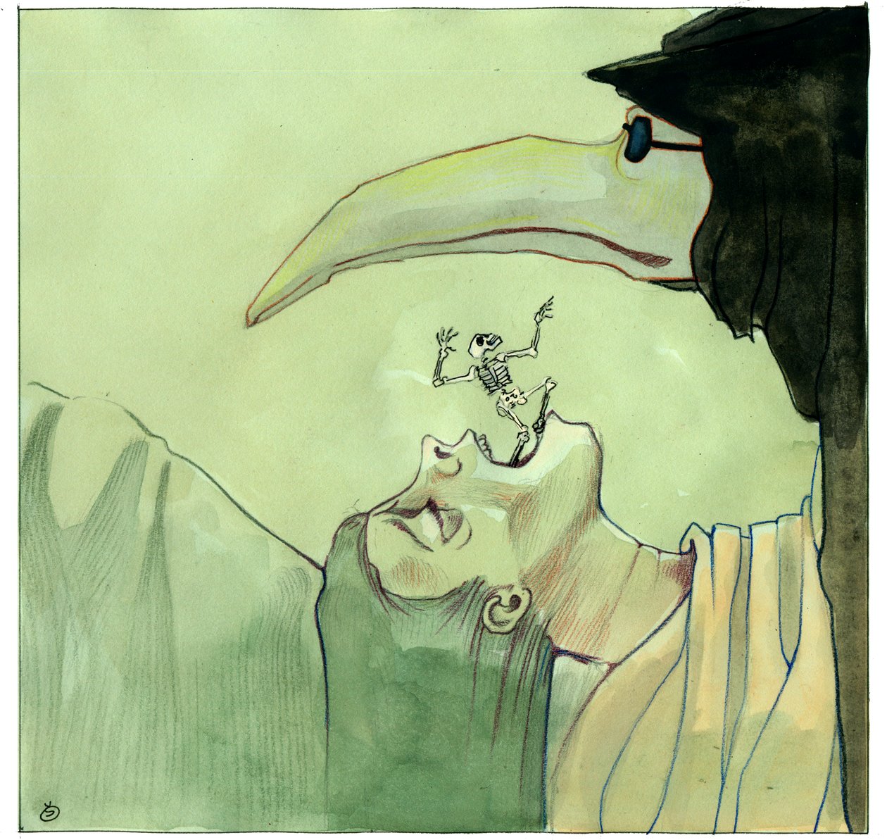 Plague Doctor Wearing a Beak-like Mask Filled with Aromatic Items in Front of a Victim by Alessandro Lonati