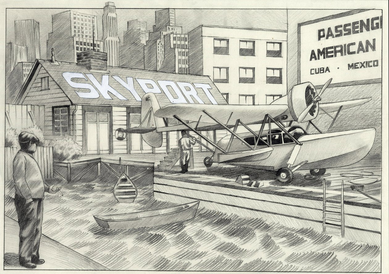 USA, New York: view of the sea airport with a seaplane waiting for takeoff in the 1950s by Alessandro Lonati