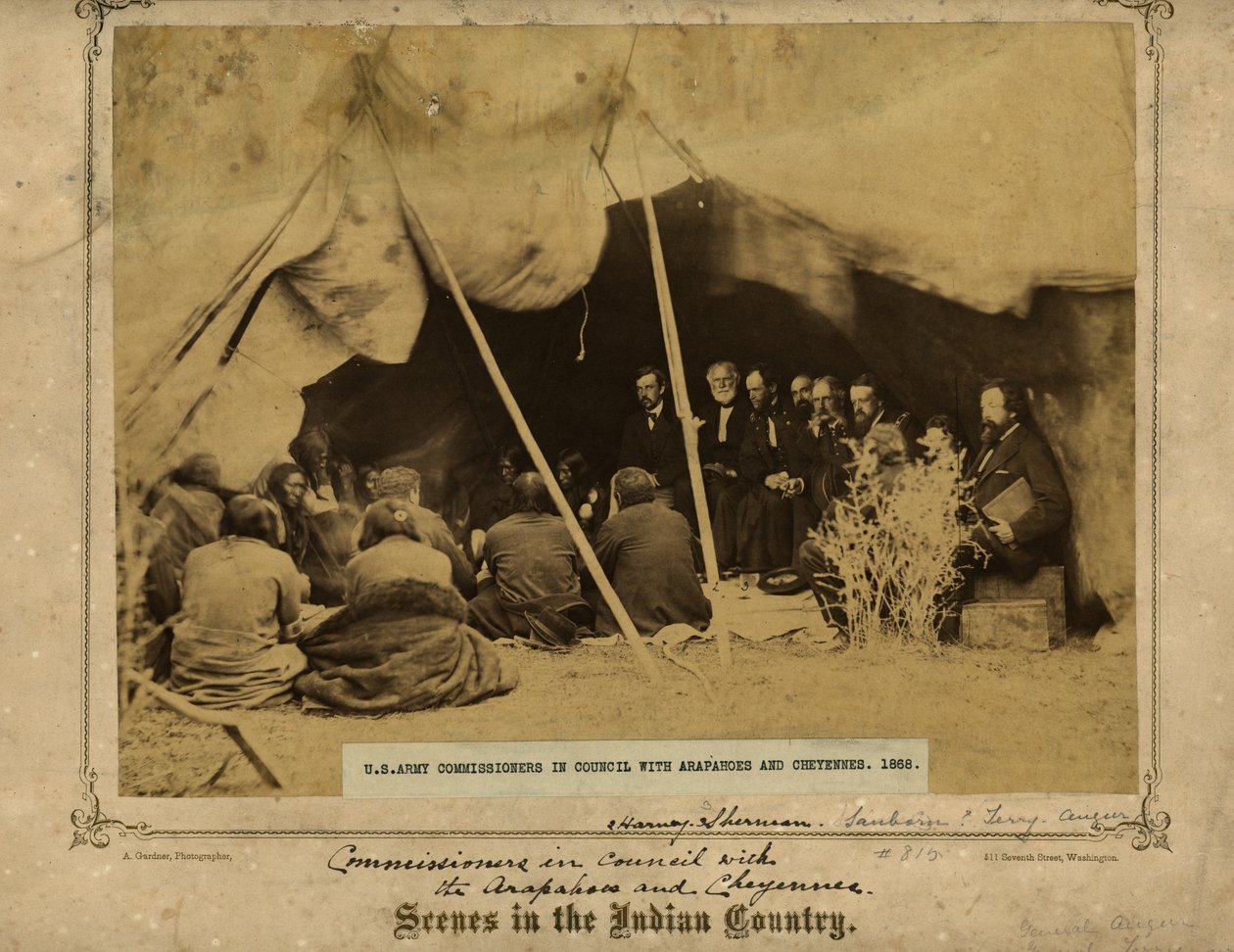 U.S. Army Commissioners in Council with Arapahoes and Cheyennes. Fort Laramie, Wyoming. Gen. William S. Harney and William T. Sherman by Alexander Gardner