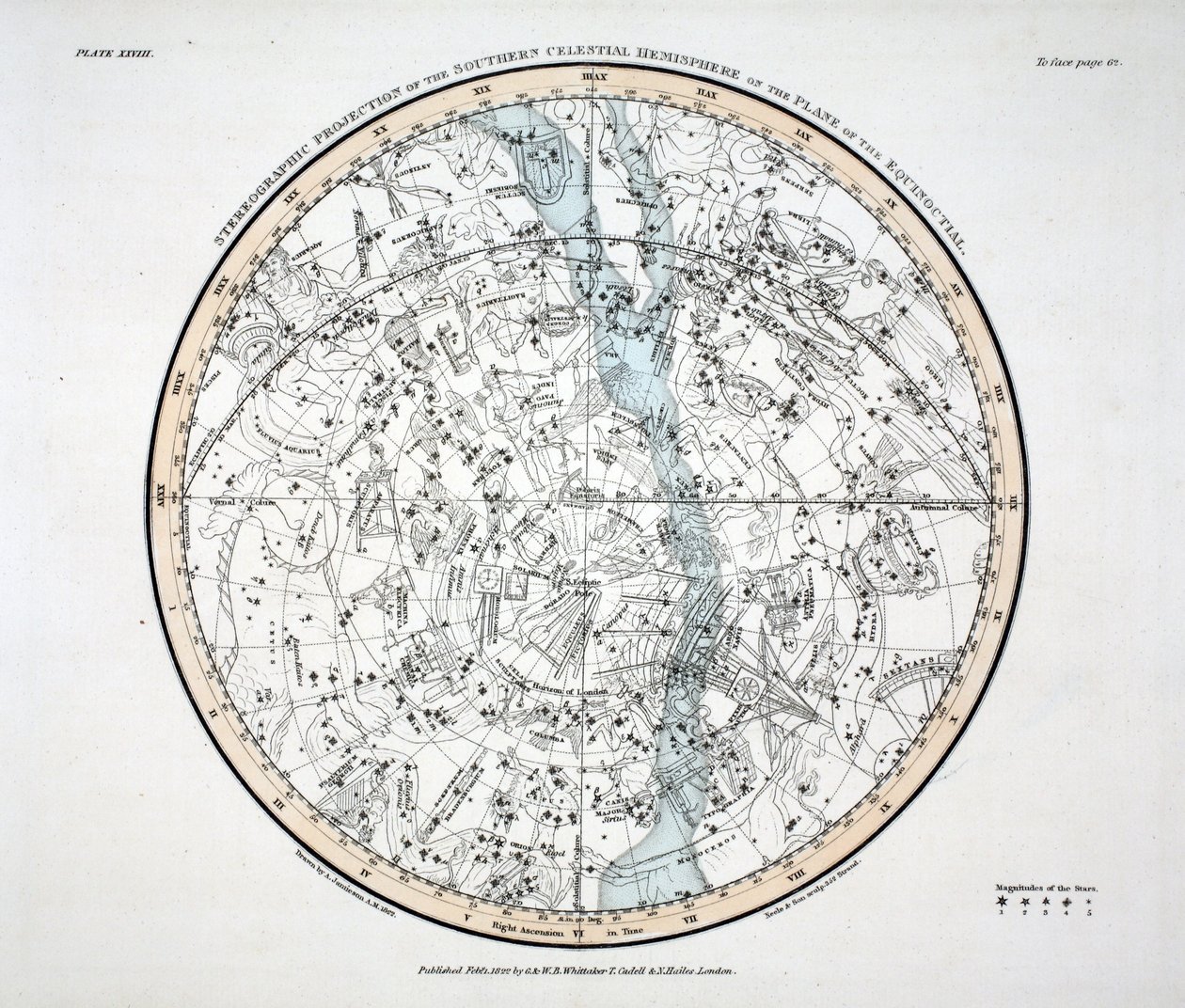 The Southern Hemisphere (Plate XXVIII) Phoenix, Piscis Volans, Pavo et Indus, Apus Indica, Grus, Circinus, Dorado vel Xiphias, The Chameleon, Crux, Mons Mensae, Reticula Rhomboidalis, Octans Hadlienus by Alexander Jamieson