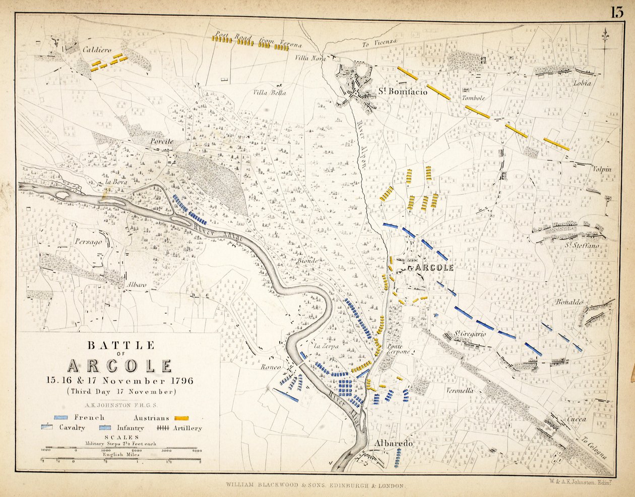 Map of the Battle of Arcole, published by William Blackwood and Sons, Edinburgh and London, 1848 by Alexander Keith Johnston