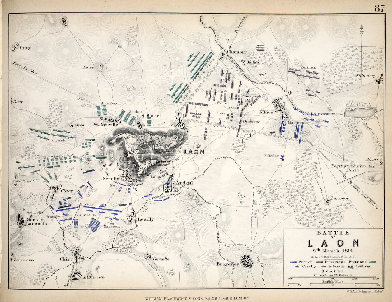 Map of the Battle of Laon, published by William Blackwood and Sons, Edinburgh and London by Alexander Keith Johnston