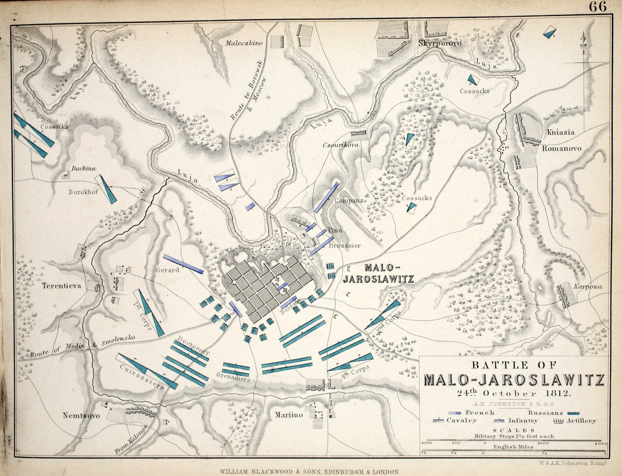 Map of the Battle of Malo-Jaroslawitz, published by William Blackwood and Sons, Edinburgh and London, 1848 by Alexander Keith Johnston