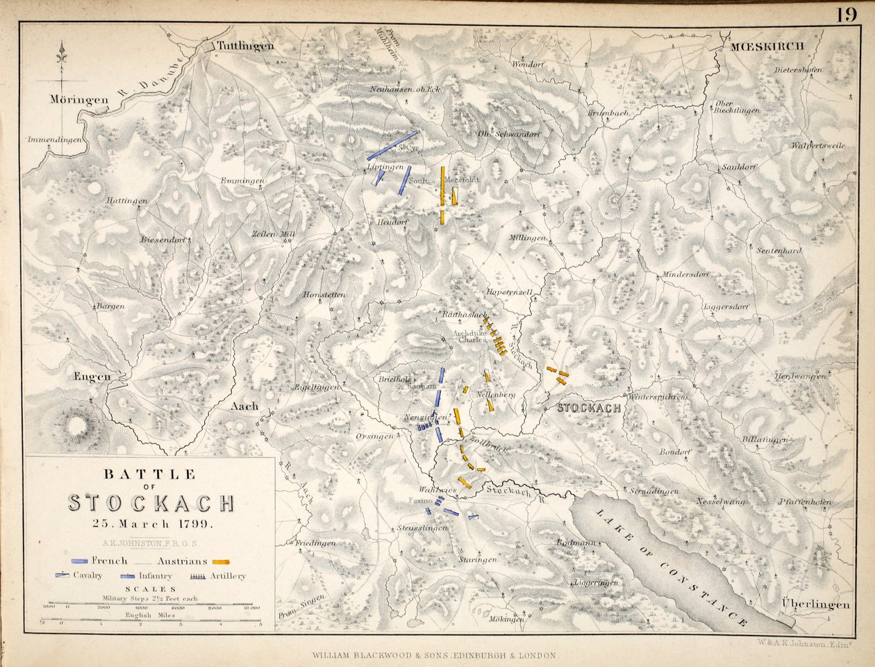 Map of the Battle of Stockach, published by William Blackwood and Sons, Edinburgh and London, 1848 by Alexander Keith Johnston