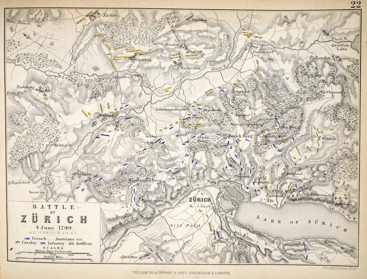 Map of the Battle of Zurich, published by William Blackwood and Sons, Edinburgh and London, 1848 by Alexander Keith Johnston