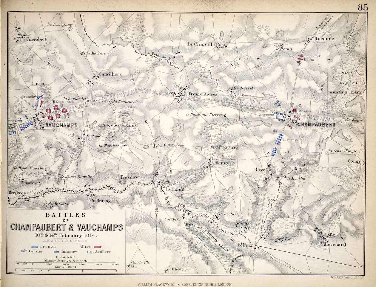 Map of the Battles of Champaubert and Vauchamps, published by William Blackwood and Sons, Edinburgh and London, 1848 by Alexander Keith Johnston