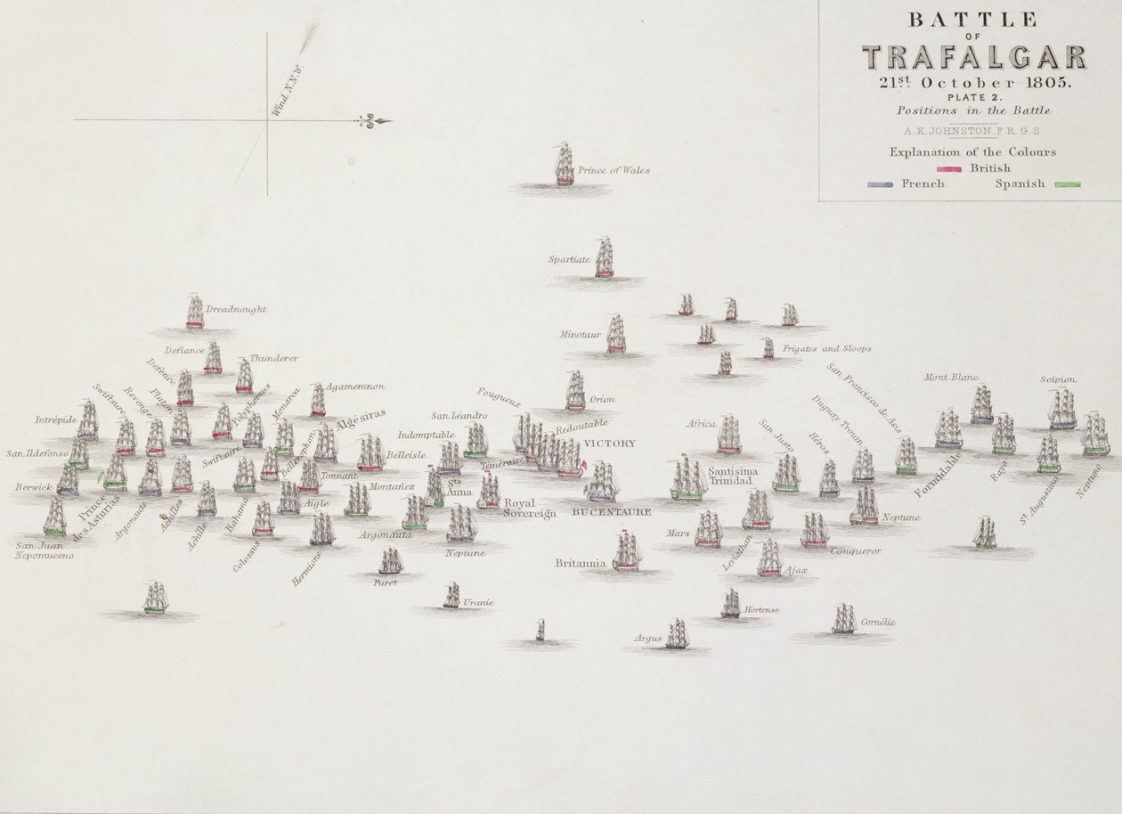 The Battle of Trafalgar, 21st October 1805, Positions in the Battle by Alexander Keith Johnston