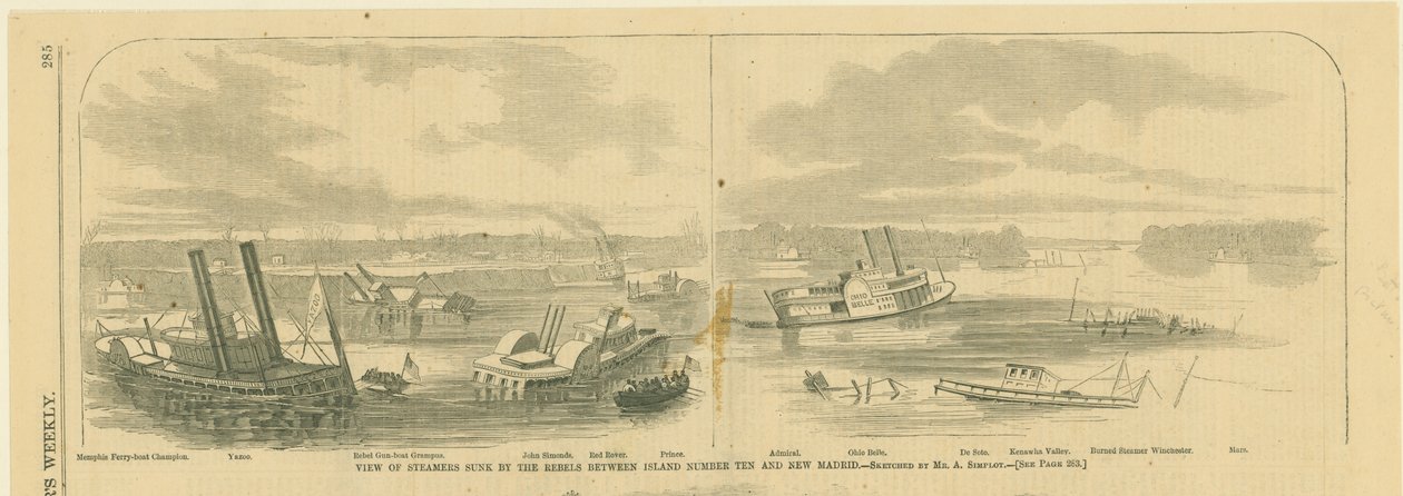 Print of Destroyed Steamboats with a River Island in the Background by Alexander Simplot