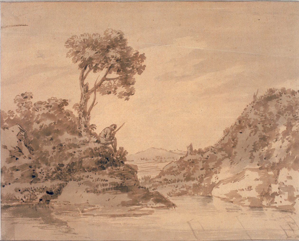 Landscape with Figure on the Bank of a Pool by Alexander Cozens