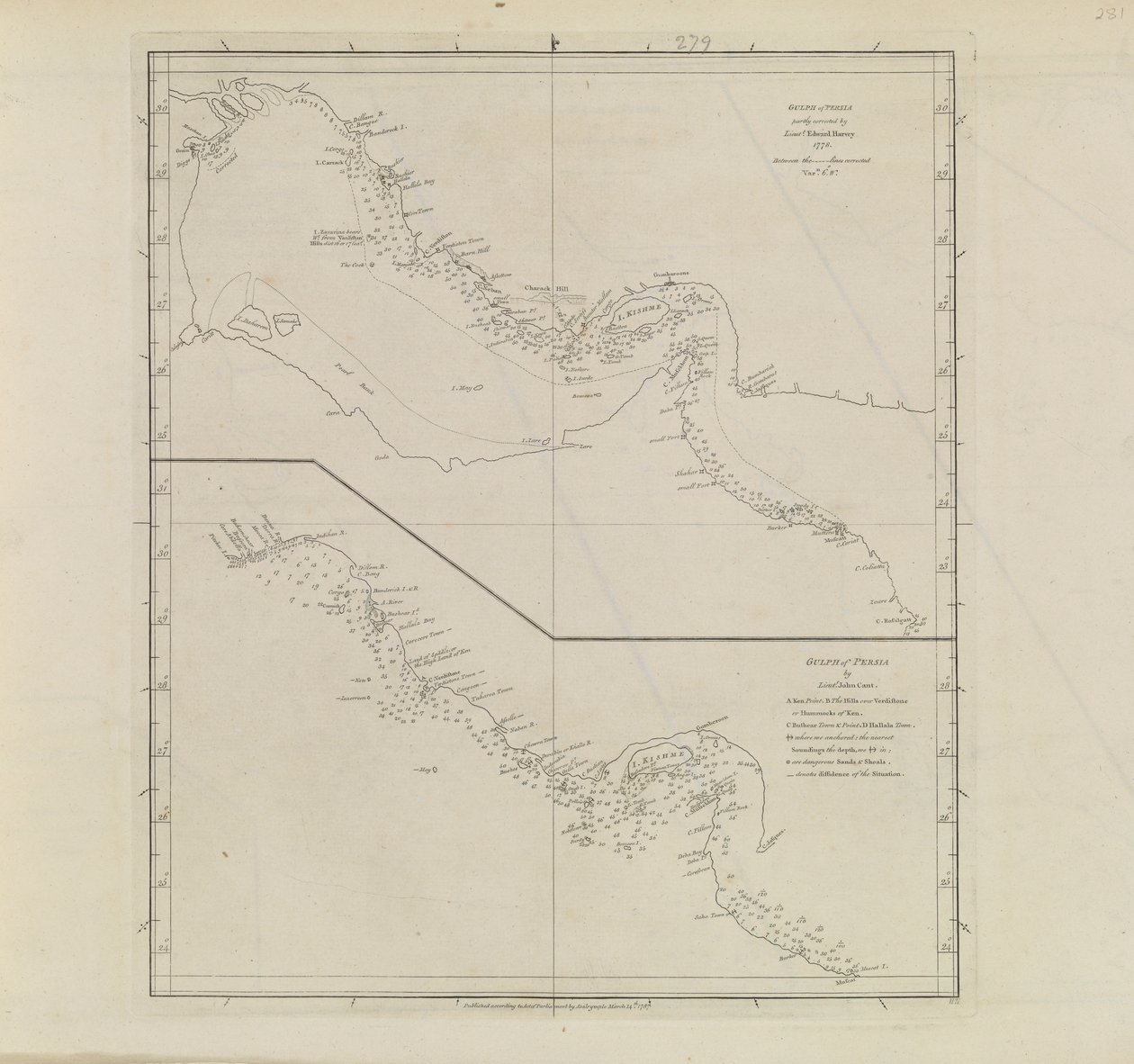 Plans of Ports, Dalrymple, Alexander published in 1791 ID Number 41167-2001 A plane chart of part of the Gulf of Persia, partly corrected by Lieut. Edward Harvey 1778 by Alexander Dalrymple
