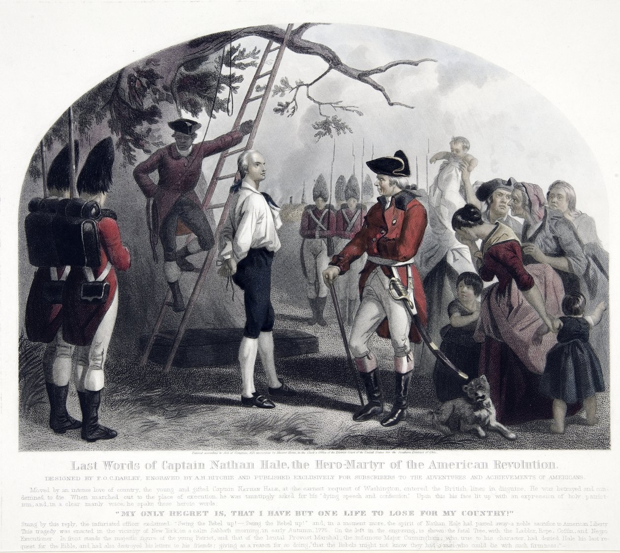 Last Words of Captain Nathan Hale, pub. 1858 (hand coloured engraving) by Alexander Hay Ritchie