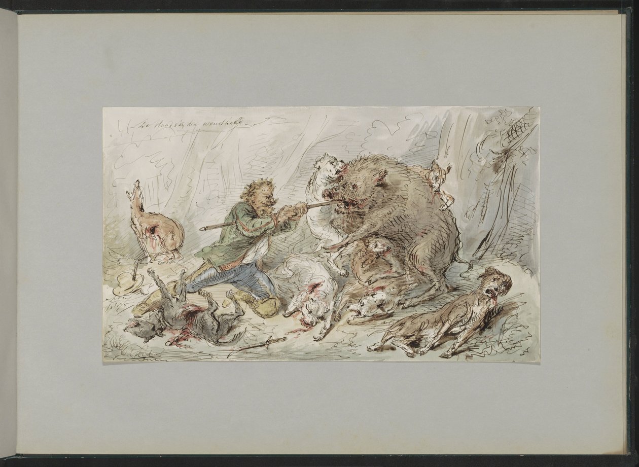 Man Killing a Wild Boar in a Forest by Alexander Ver Huell