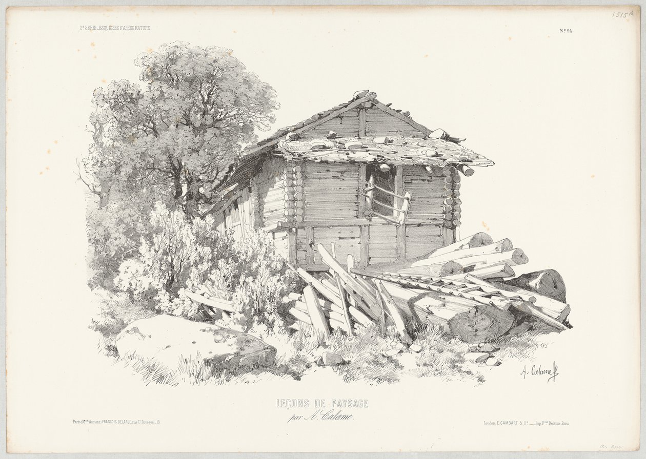 Log cabin with felled tree trunks in the foreground by Alexandre Calame