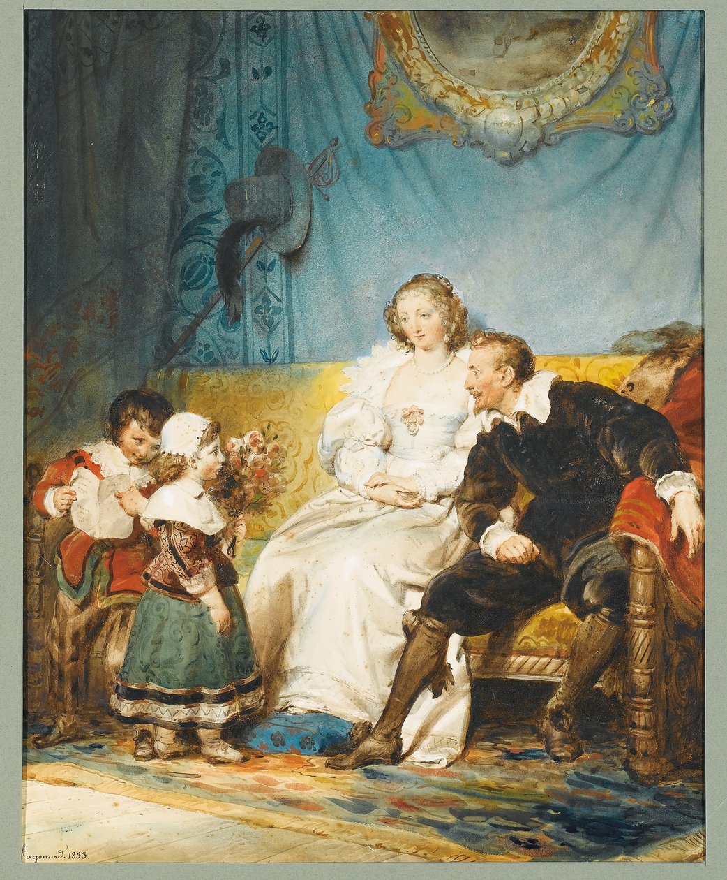 Rubens and Hélène Fourment Sitting with Frans Holding a Letter and Isabelle Hélène Giving Them a Bouquet of Roses by Alexandre Evariste Fragonard