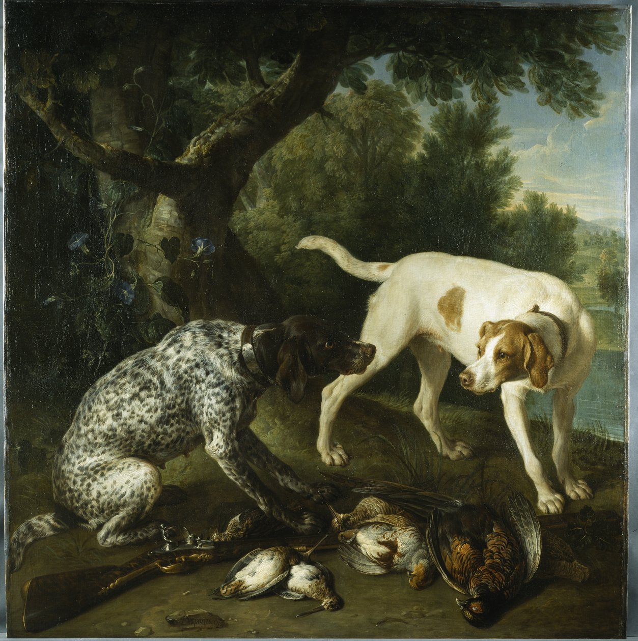 Two pointers belonging to the 3rd Earl of Burlington with dead game in a landscape by Alexandre Francois Desportes