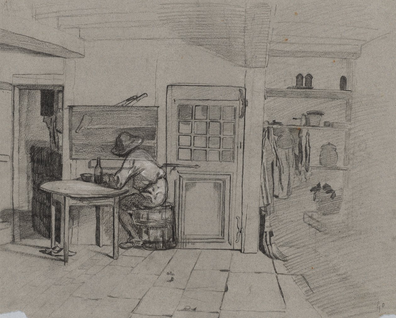 A Farmhouse Interior with a Boy at a Table by Alexandre Gabriel Decamps