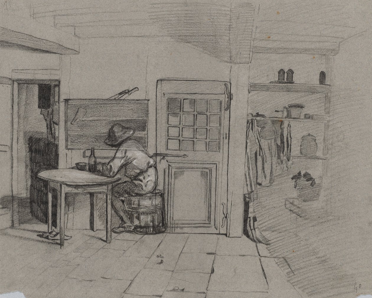 A Farmhouse Interior with a Boy at a Table by Alexandre Gabriel Decamps