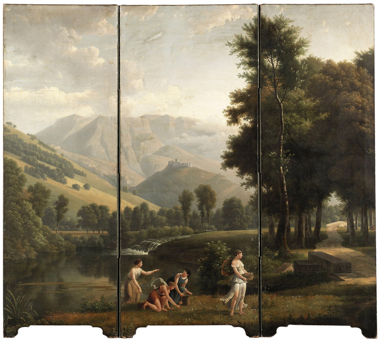 An Arcadian Landscape with Maidens Gathering Flowers by a River Bank, a Hilltop Castle Beyond by Alexandre Hyacinthe Dunouy
