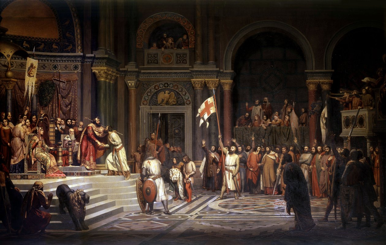 Godfrey of Bouillon received by Alexis Comnene, Emperor of Constantinople, in 1097, during the defence of the city against the Turks during the 1st Crusade in 1096-1099 by Alexandre Jean Baptiste Hesse
