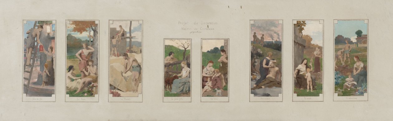 Sketch for Courbevoie Town Hall: Festival Day. Resting. The Work. The Young Girl. The Mother. Devotion. The Grandmother. Education by Alexandre Seon
