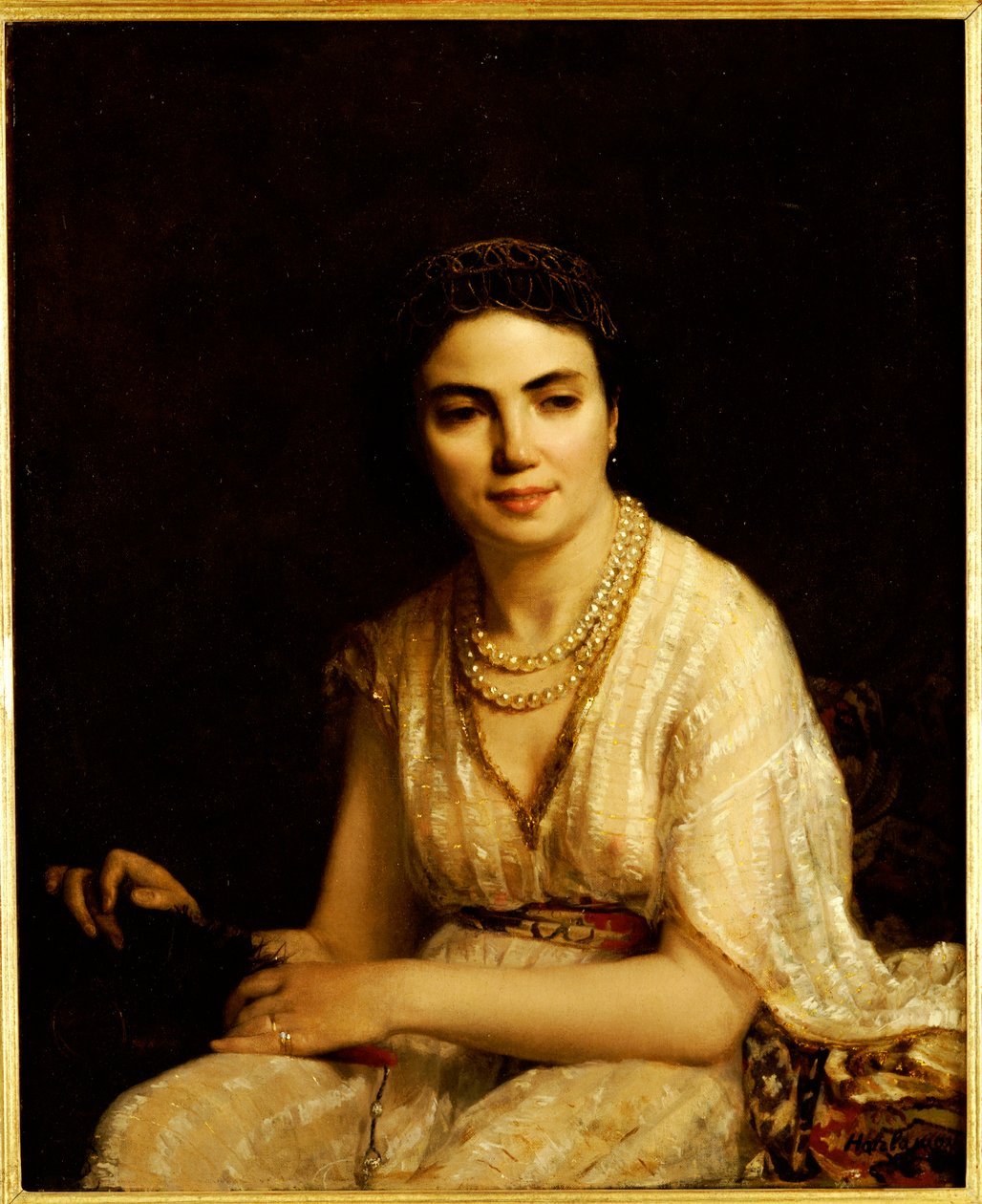 Portrait of a Woman wearing a Pearl Necklace and holding a Fan by Alexei Alexevich Harlamoff