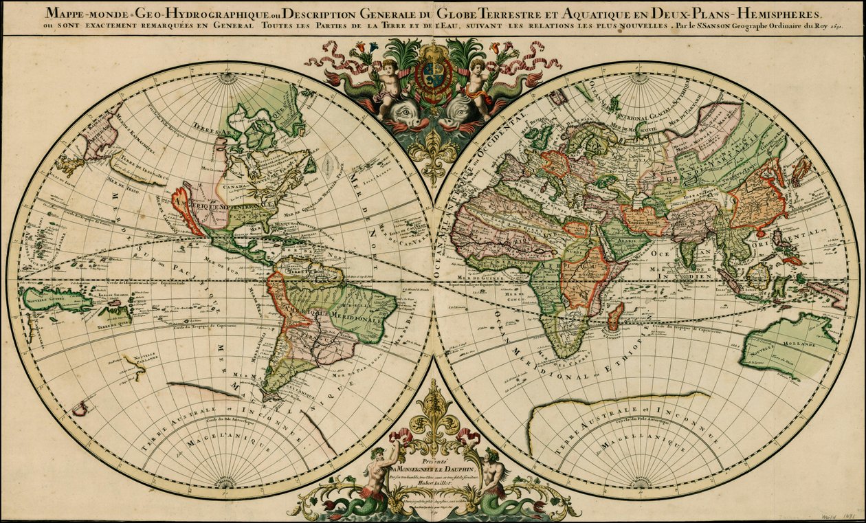 1691 Map of the World by Alexis Hubert Jaillot