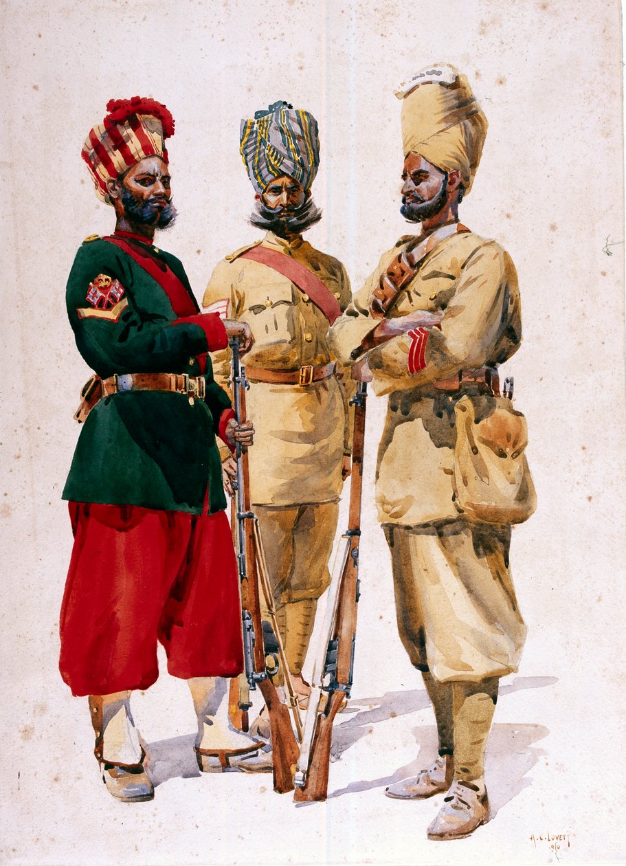 Soldiers of the 43rd Erinpura Regiment, the 44th Merwara Infantry and the 108th Infantry, illustration for 