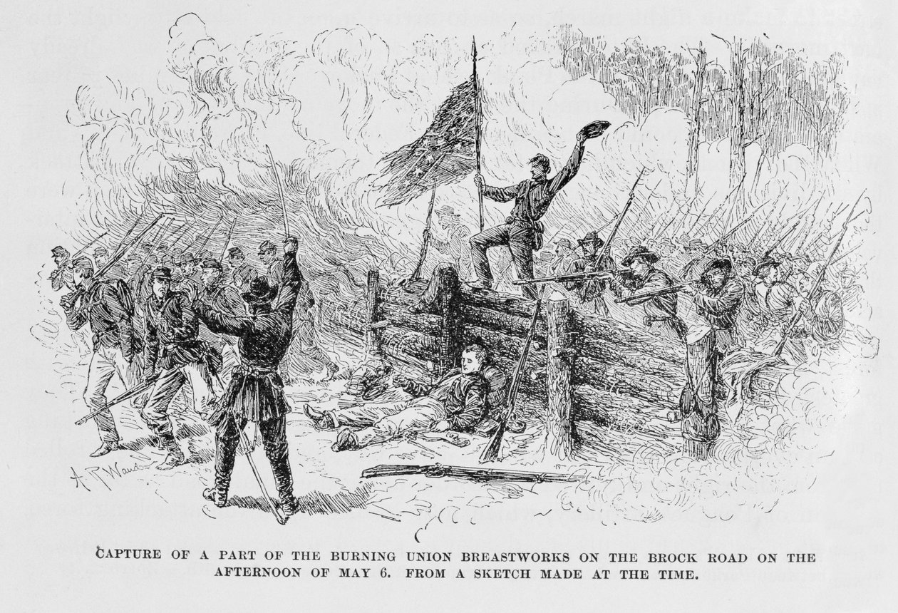 Capture of a part of the burning union breastworks on the Brock Road on the afternoon of May 6th, illustration from 