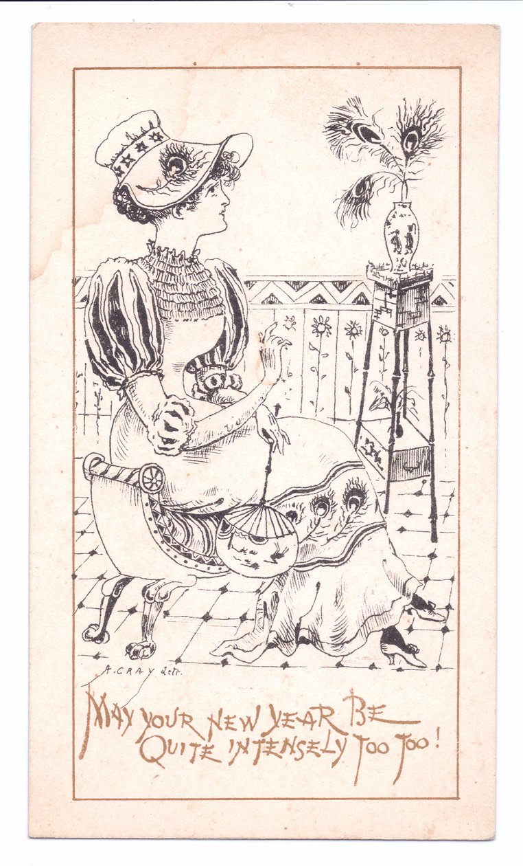 Victorian New Year Card of an Aesthetic Admiring a Vase of Peacock Feathers, c.1881 by Alfred Gray