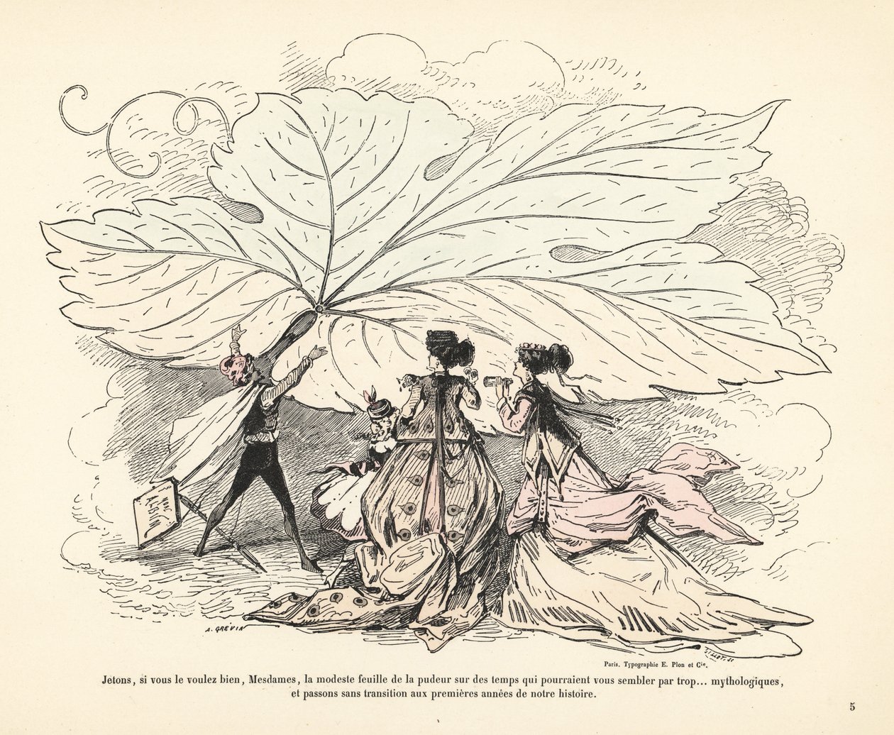 Man throwing away a huge fig leaf in front of three women by Alfred Grevin