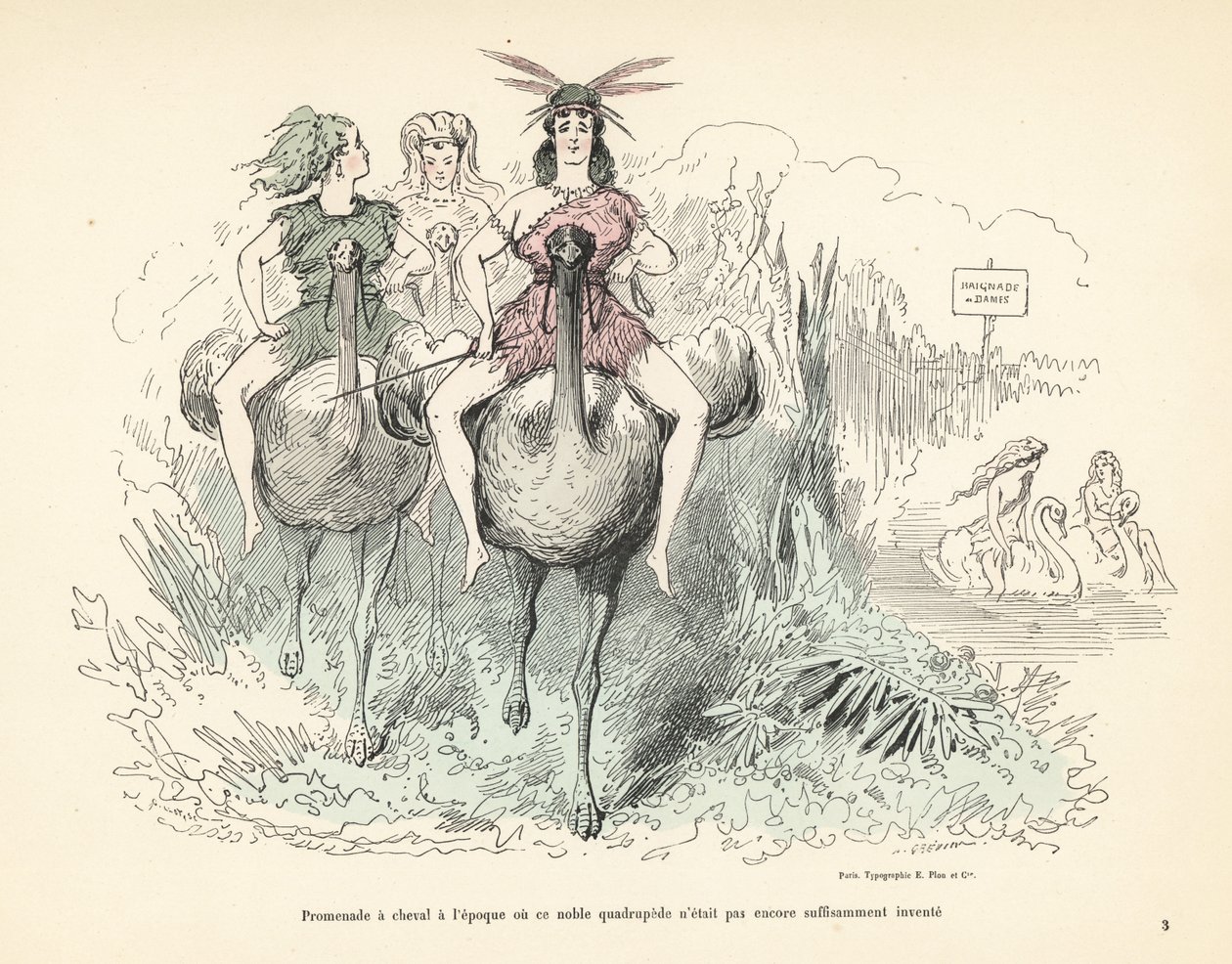Women in animal skins and feathers riding ostriches and swans by Alfred Grevin