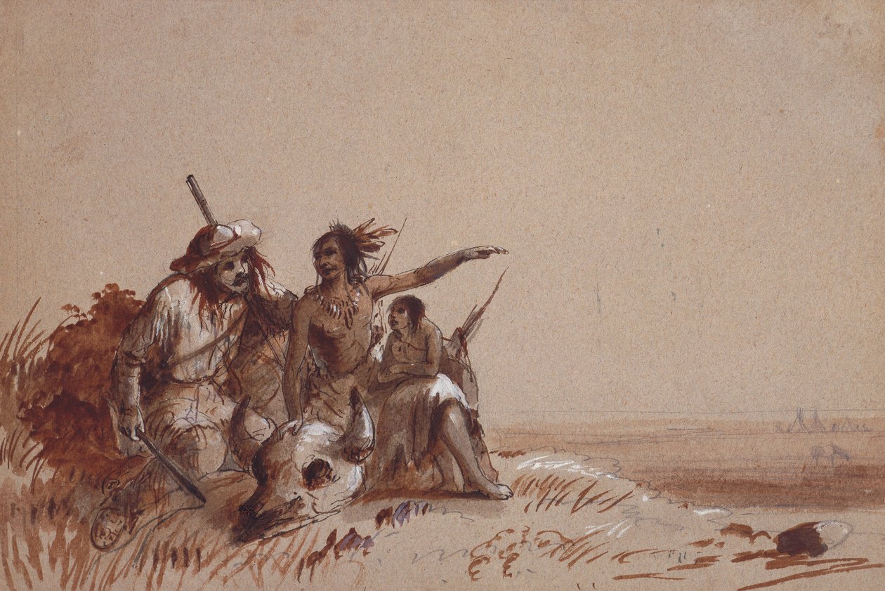 Kansas Indian Recounting to a Trapper, by Signs, the Migration of Buffalo, c.1837 by Alfred Jacob Miller