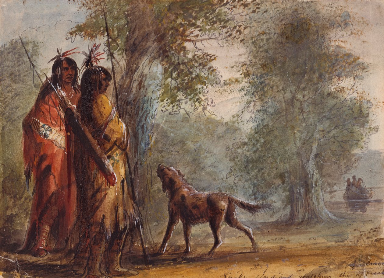 Snake Indians Watching the Approach of a Canoe by Alfred Jacob Miller