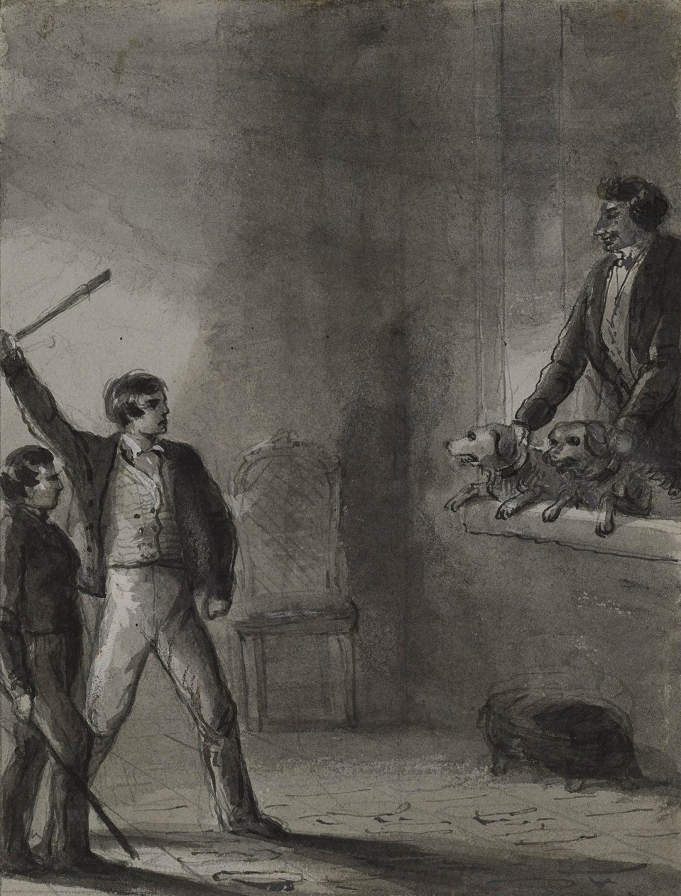Two Boys with Raised Sticks as Man and Dogs Peer from a Window by Alfred Jacob Miller