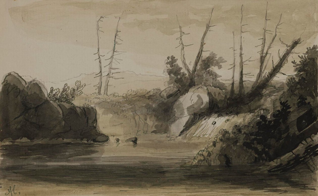 View of a Falls and Small Lake by Alfred Jacob Miller
