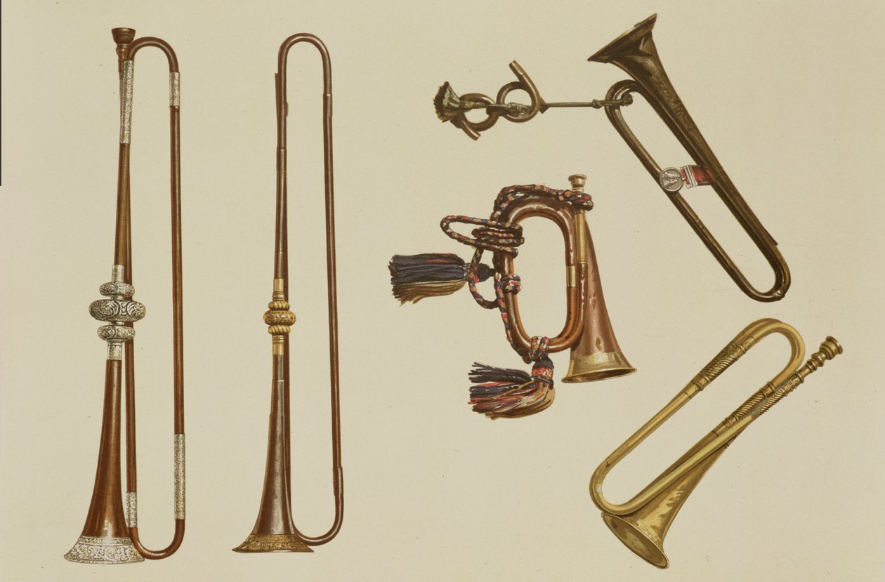 Cavalry trumpet, a bugle, a gilt trumpet made by John Harris c.1730, a ...