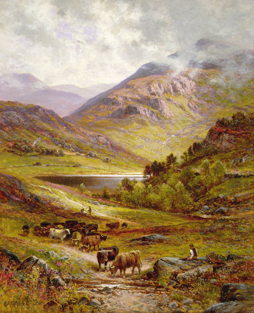 Longhorn Cattle in a Mountainous Landscape by Alfred Jr. Glendening