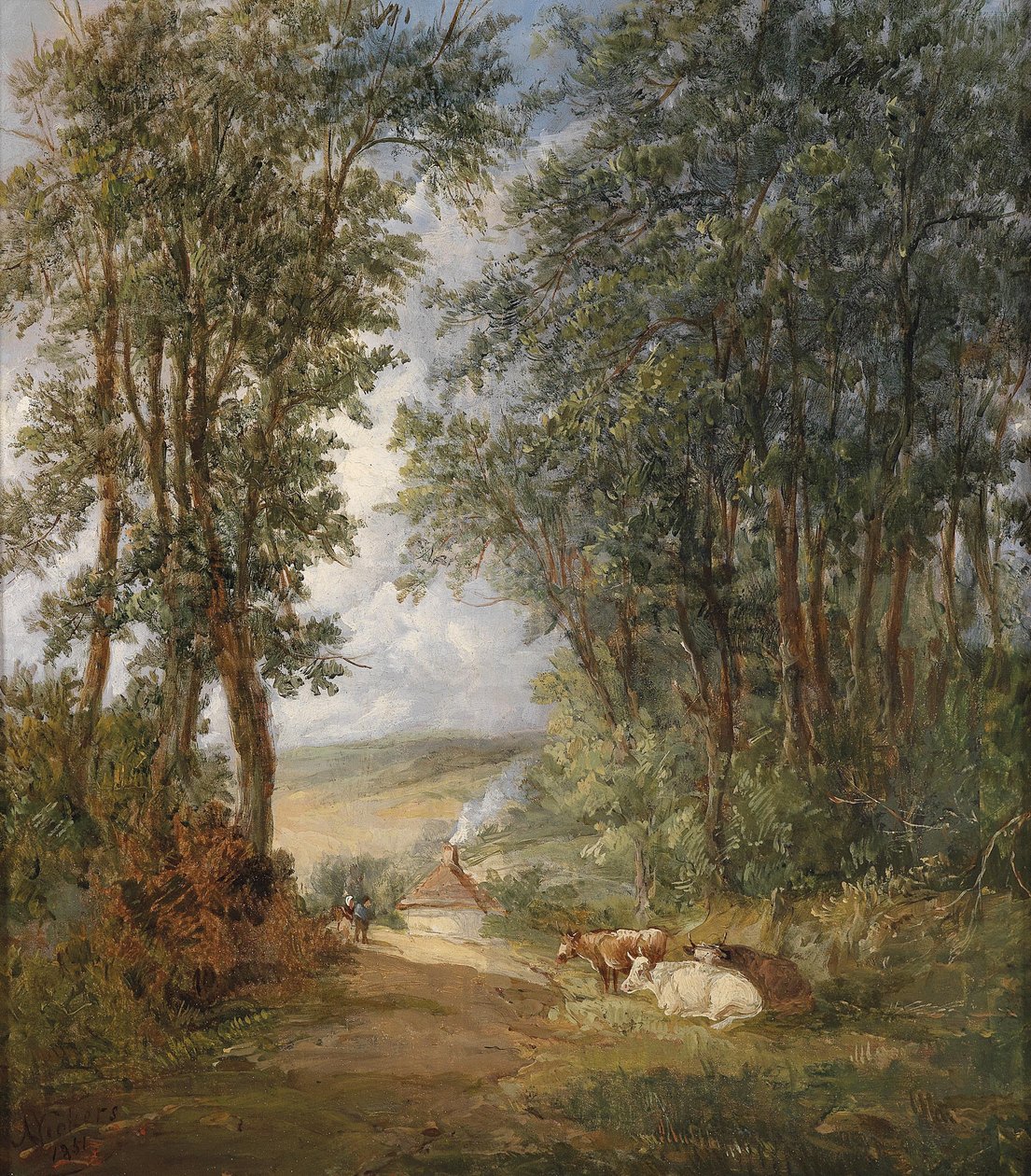 Forest Landscape with Resting Cows in the Foreground by Alfred Vickers