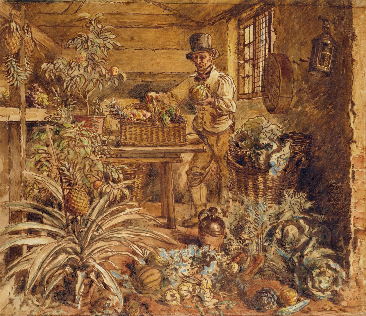A Gardener in a Potting Shed with Pineapples and Various Vegetables by Alfred William Hunt