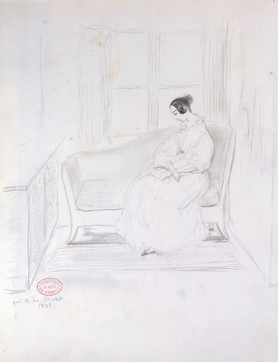 George Sand (1804-76), reading on a sofa beside a window, 1833 by Alfred de Musset