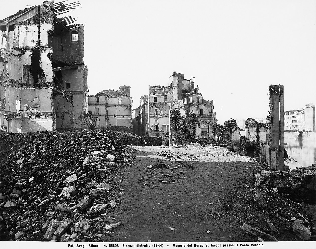 World War II: Damage caused by the bombing in Borgo San Jacopo at the Ponte Vecchio, in Florence. This photograph was formerly part of the Brogi Collection, but now belongs to the Alinari Collection by Fratelli Alinari