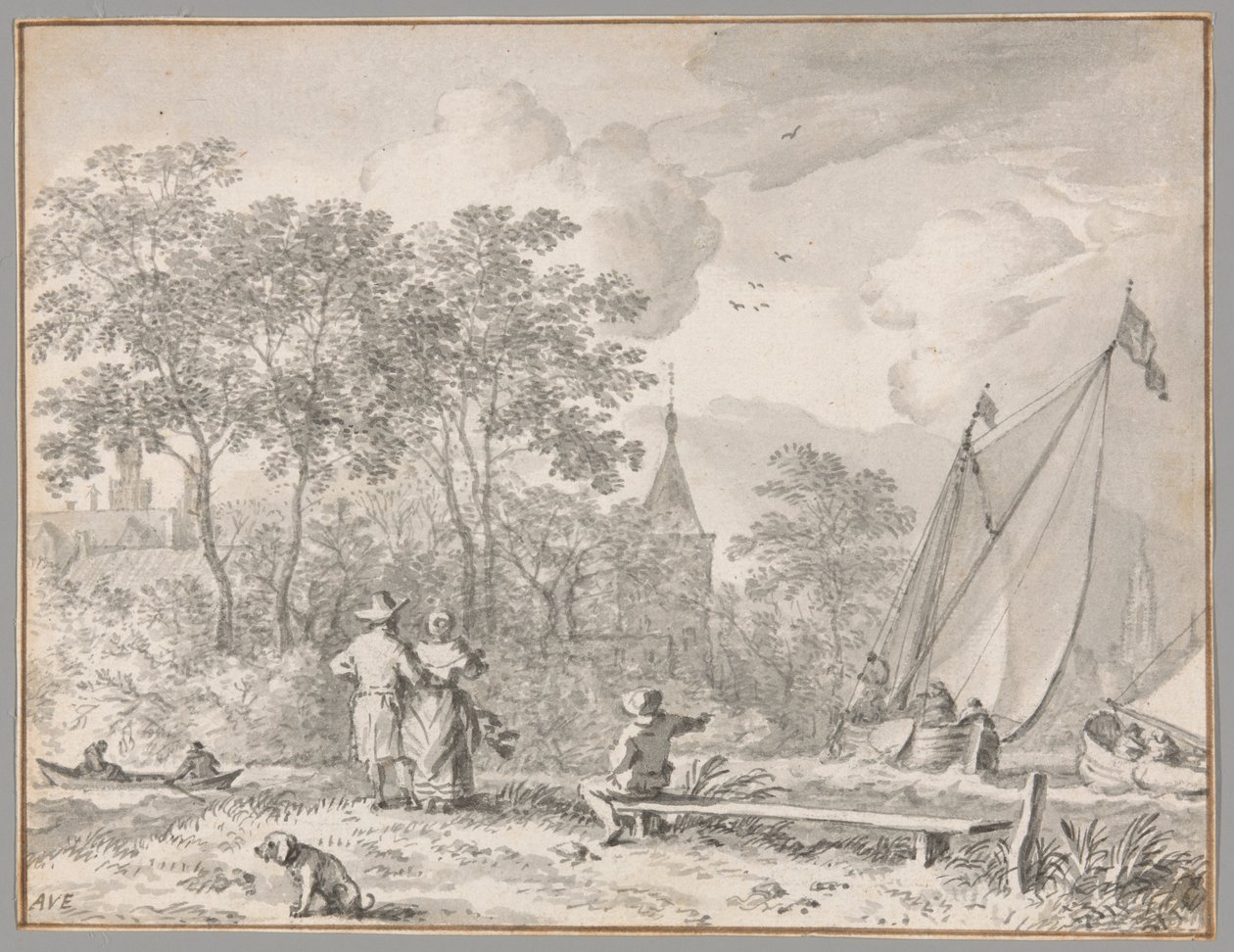 Landscape with Elegant Figures by a River, with Boats to the Right and a Town Behind Trees Beyond by Allaert van Everdingen